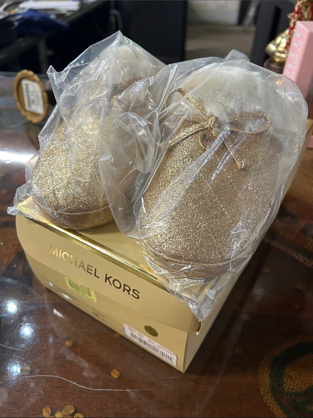 Michael Kors Gold Glitter Slippers with Faux Fur Cuff